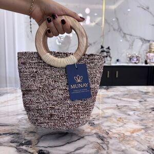 Handcrafted Brown Woven Handbag with Wooden Handle